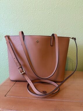 Tory Burch Tan Leather Double-Handle Tote with Crossbody Strap